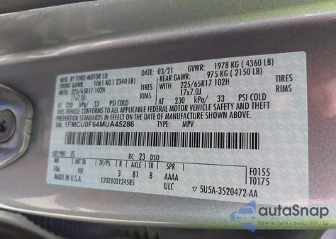 2021 Ford Escape S из США, поврежденный, VIN 1FMCU0F64MUA45286